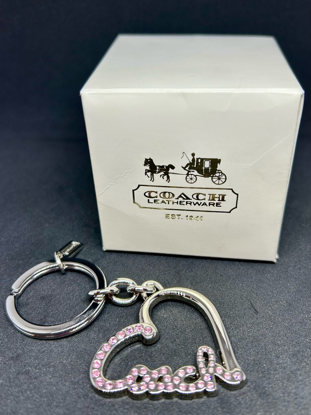 Coach Silver Heart Script Keychain with Pink Crystals